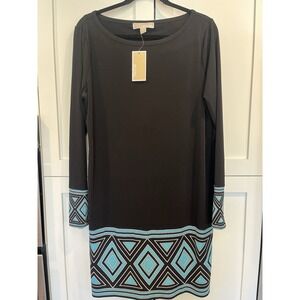 Michael Michael Kors Dress Womens XL Black Blue Geometric Long Sleeve Shift NWT